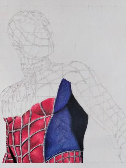 The first work-in-progress shot of my Spider-Man drawing, showing the initial coloring of his torso.