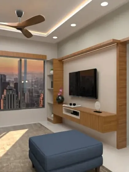 Another angle of the minimalist concept, focusing on the TV unit and the seamless integration of a breakfast bar.