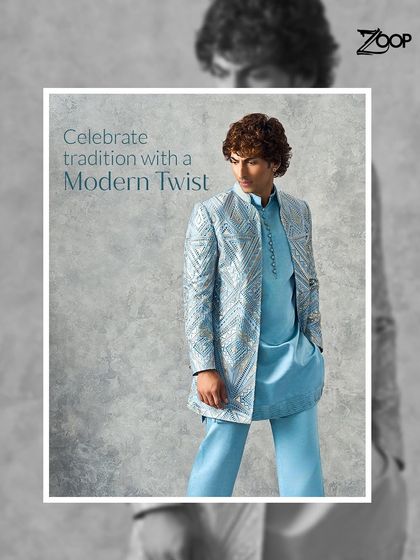 Celebrate tradition with a modern twist. This ice-blue kurta set features a jacket with geometric metallic embroidery, redefining men's ethnic fashion for weddings and celebrations.