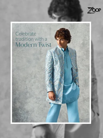 Celebrate tradition with a modern twist. This light blue kurta set with a geometric print jacket redefines men's fashion, crafted for elegance and ease for weddings or refined days out.