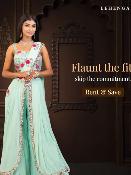 Flaunt the fit, skip the commitment. This mint green palazzo and cape set features delicate floral embroidery, offering a fresh and modern look for a daytime event.