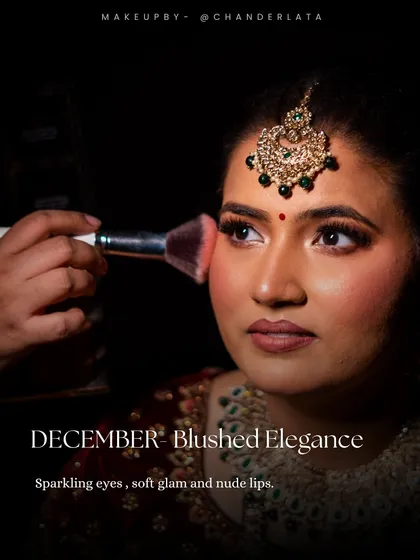 A Blushed Elegance look, perfect for a winter bride. This features sparkling eyes, soft glam makeup, and classic nude lips.