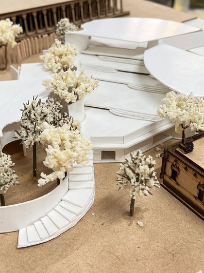 More details from my architectural model. The interplay of levels, curves, and greenery was the focus of this design project.