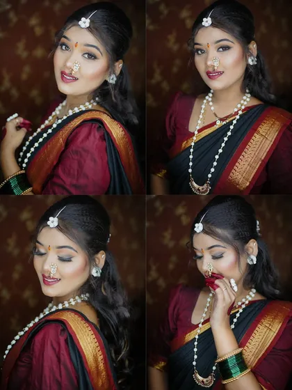 A four-photo collage capturing various graceful poses of a woman in a black saree, celebrating the festival of Makar Sankranti.
