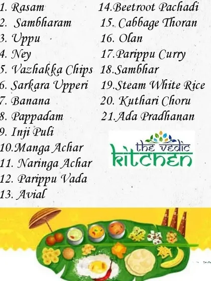 The menu I designed for a complete Onam Sadhya feast. This graphic lists 21 traditional Keralite dishes, from Avial to Ada Pradhanan, all of which I can help your kitchen prepare in a 100% plant-based way.