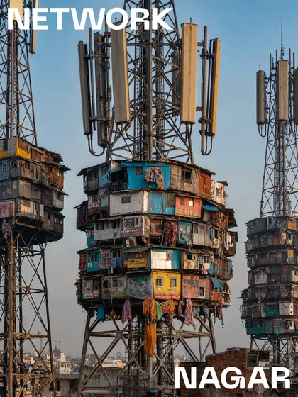 A magazine cover concept for the 'Network Nagar' series. This version highlights the architectural absurdity and density of these structures, presenting the concept as a feature story.