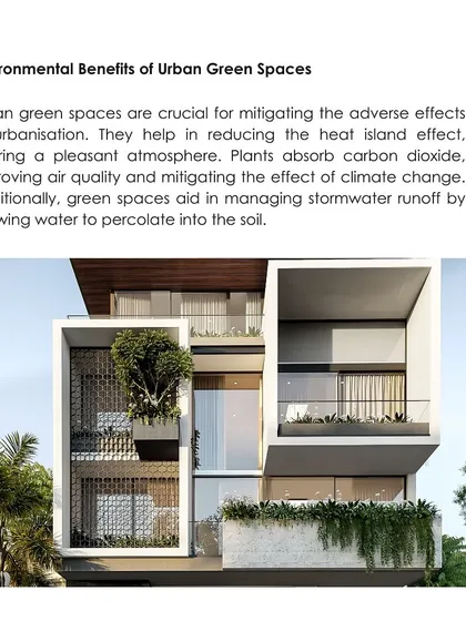 This image details the environmental benefits of urban green spaces, such as reducing the heat island effect and improving air quality. The building shown has planters on its balconies, contributing to these benefits.