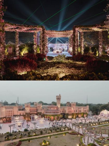 A collage showing the grand floral entrance and the stunning view of the castle, highlighting the scale of our work for this reception.