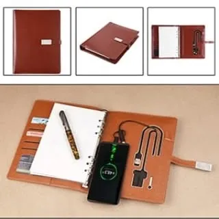This collage presents a versatile corporate diary with an integrated power bank. It combines a clean product shot with images showing its internal features, providing a comprehensive overview for potential buyers.