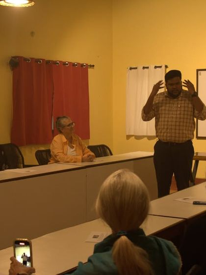 Dr. Arun Gopinath leads an insightful talk on Ayurveda for our guests. These educational sessions help everyone understand the principles behind their healing journey.