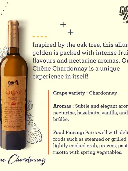 Our Chêne Chardonnay is a unique experience. Inspired by the oak tree, this alluring golden wine is packed with intense fruity flavors and aromas of nectarine, hazelnuts, and crème brûlée.