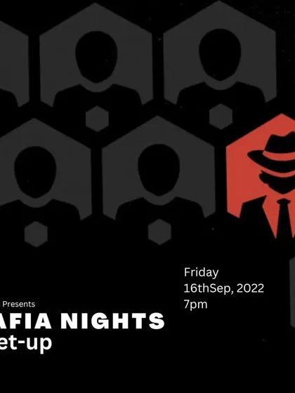 A flyer for our "Mafia Nights Meet-up," inviting you to spend a Friday night solving a mystery with new friends.