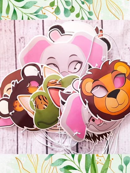 A collection of fun animal masks, including an elephant, lion, monkey, and tiger. These are a great addition to any jungle-themed party for imaginative play.