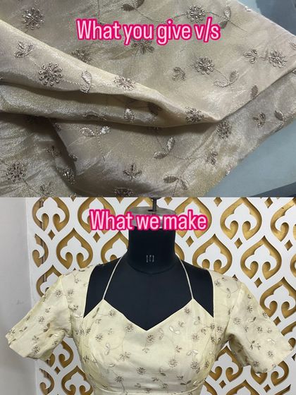 Another example of transformation. A simple embroidered fabric is turned into a stylish blouse with a modern halter neck design.