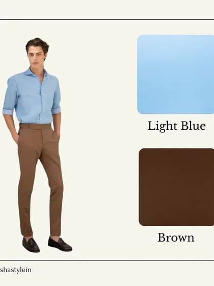 A light blue shirt is a wardrobe staple that pairs perfectly with brown trousers. This classic combination is fresh, professional, and suitable for any office environment.