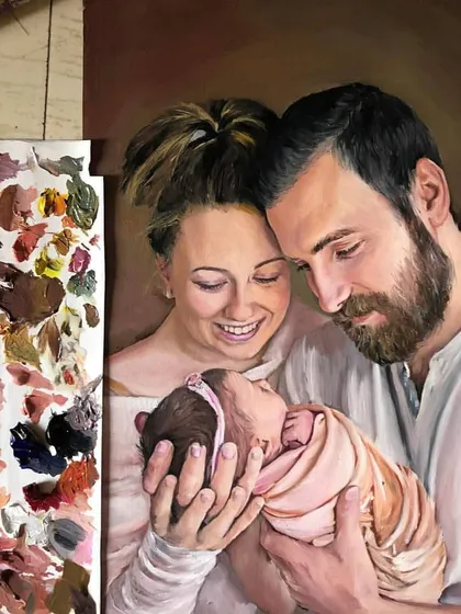 An A3 size oil painting for a client in the USA, capturing the tender moment of new parents with their baby.