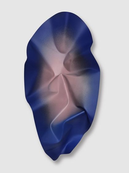 A smaller piece from the Meteor series, M138, where soft gradients of blue and pink are airbrushed onto the steel to create a calm, ethereal effect.