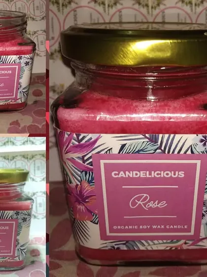 This is my premium Rose scented jar candle, made with organic soy wax. The floral fragrance is perfect for creating a romantic and luxurious atmosphere.