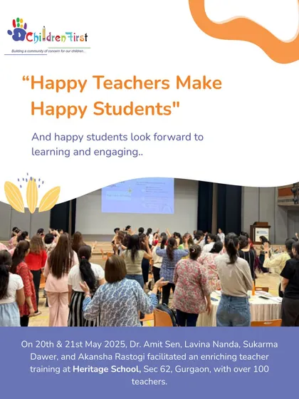 We believe that happy teachers make happy students. This photo shows our team facilitating an immersive training session for over 100 educators at Heritage School, focusing on nurturing teacher well-being to create classrooms filled with joy, empathy, and purpose.