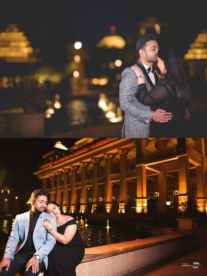 Two distinct night scenes in one collage. The top frame captures a tender kiss, while the bottom shows a relaxed moment against the illuminated hotel, showcasing the versatility of a night shoot.