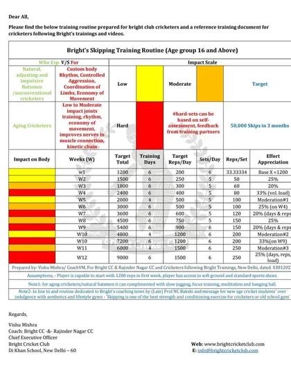 Our detailed skipping training routine for players aged 16 and above. This chart outlines a progressive 12-week plan to build stamina, footwork, and coordination, a core tenet of our old-school training.