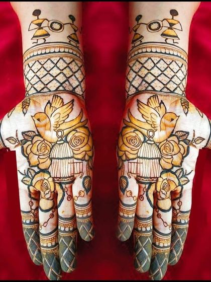 A whimsical design with birdcages, roses, and Warli art figures, showcasing our ability to blend different art styles into a cohesive piece.