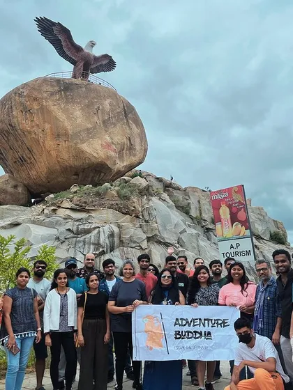 Our group at Lepakshi, known for its hanging pillar and giant Nandi statue, another heritage gem we explore.