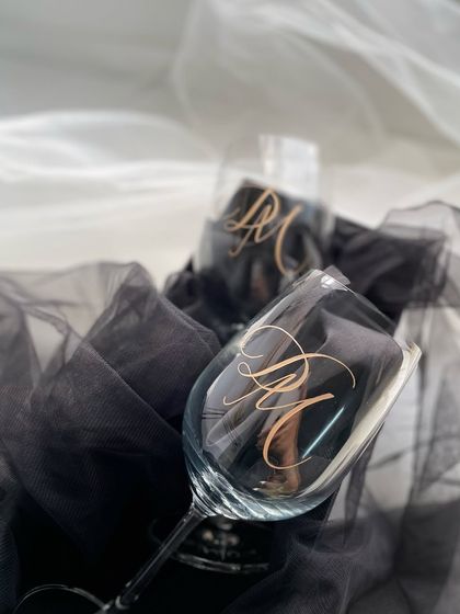 Hand-engraved wedding monograms on wine glasses. I've etched countless monograms over the years, and they remain one of the most beautiful and popular gifts for weddings and anniversaries.