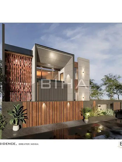 Another perspective of the 140 Residence, highlighting the use of a textured wooden screen to provide a warm, organic contrast to the raw concrete structure.
