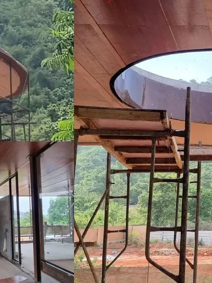 The wooden ceiling and circular skylight of the C10 holiday home under construction. This collage shows the careful process of crafting the details that will ultimately define the character of the space.