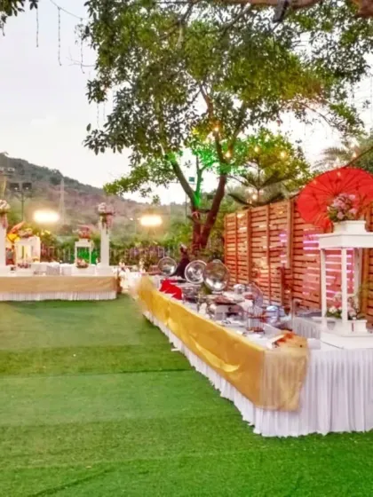An outdoor catering and buffet area set up on an artificial lawn, showing the food counters and guest dining space.