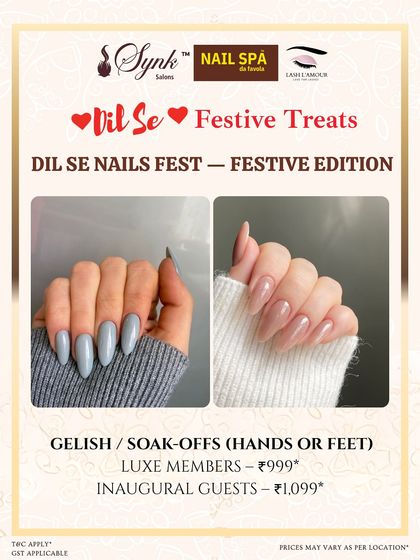This offer for a Gelish or soak-off service features two beautiful examples of manicures, one in a soft grey and the other in a sheer, natural pink.