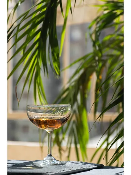 A single cocktail glass catching the natural afternoon light. This image is more about the mood and the moment, using shadows from the palm leaves to create a feeling of a quiet, dreamy escape.