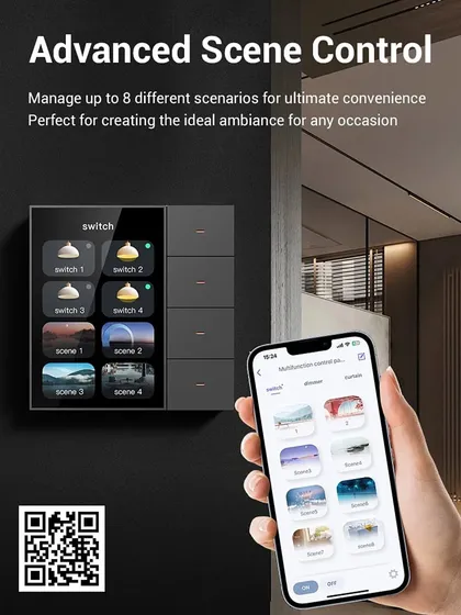 Take command with our advanced scene control panel. This interface allows you to manage up to eight different pre-set scenarios, from "Movie Night" to "Good Morning," putting complete control over your home's ambiance just a touch away.