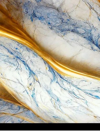 A luxurious 3D UV Marble sheet with waves of gold and blue on a white base. The flowing design adds a dynamic and opulent feel to the wall.
