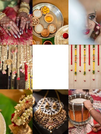 A mood board of details from the South Indian wedding. It shows the intricate henna, the beautiful temple jewelry, traditional ceremony elements, and a glimpse of the bridal makeup in progress. These details are key to the overall aesthetic.