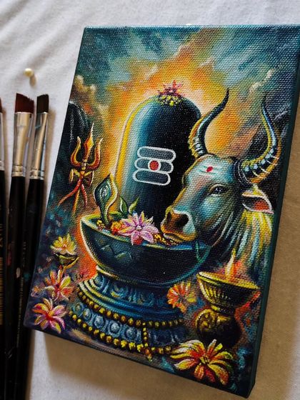 Another perspective of my spiritual artwork, highlighting the glow of the diyas and the serene expression of Nandi.