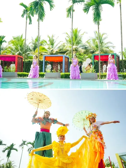 A collage showing the vibrant performers and poolside cabanas at the Coachella Haldi. The entire event was a feast for the eyes, with every detail contributing to the festival theme.