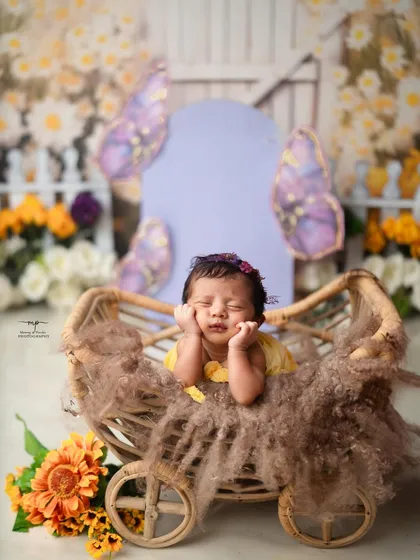 A sweet newborn with chubby cheeks dreaming in a butterfly garden. I love capturing these adorable, peaceful moments that you'll treasure forever.