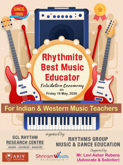 The official poster for our "Rhythmite Best Music Educator" felicitation ceremony, an event dedicated to honoring both Indian and Western music teachers for their invaluable contributions.