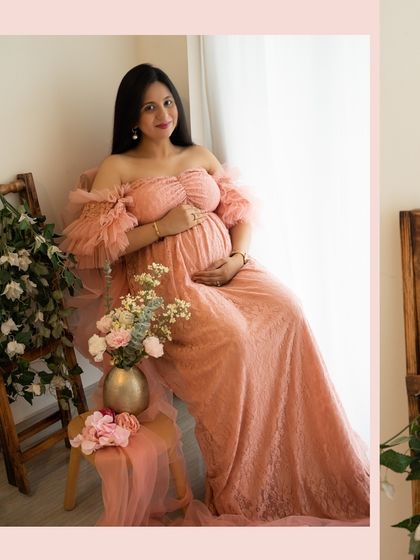Pretty in pink. This soft and feminine setup with a lace gown and fresh flowers is perfect for a dreamy and romantic maternity photo.