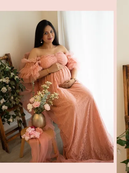 Pretty in pink. This soft and feminine setup with a lace gown and fresh flowers is perfect for a dreamy and romantic maternity photo.