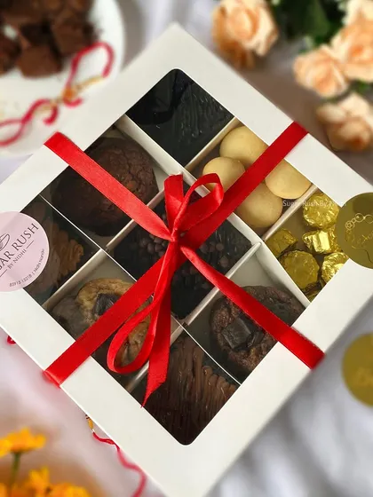 The 'Sibling Love' Rakhi Hamper is an assortment of all my bestsellers. It's packed with various brownies, cookies, and chocolates to make Raksha Bandhan extra sweet.