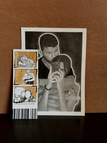 Here’s a great example of a combined custom order. I created a detailed graphite and charcoal portrait alongside one of my signature coffee-painted photo strips. It shows how we can mix different art styles to create a truly complete and personal gift package.