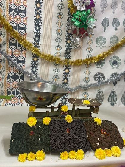 Ayudha Pooja at our studio is a special day where we honor the tools of our craft. Led by our artisans, we adorn every corner with flowers and pay respect to the traditions passed down from our founder.