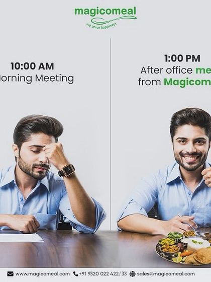 A good meal can turn a whole day around. This visual shows the transformation from a stressful morning meeting to a satisfying lunch, highlighting how my meals bring a smile and a boost of energy to the workday.