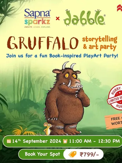 The official poster for our Gruffalo Storytelling & Art Party! This book-inspired event for ages 3+ comes with free goodies and is always a sell-out.