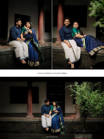 A collage of moments from a traditional Kerala pre-wedding shoot, telling a story of love rooted in heritage and culture.