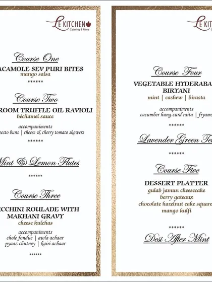 An example of a five-course sit-down menu we designed, showcasing a journey from guacamole bites to a decadent dessert platter.