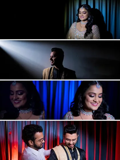 A collage of dramatic and creative portraits of Aditya and Samruddhi. Using spotlights and colored backgrounds, we can create some truly artistic and memorable shots.